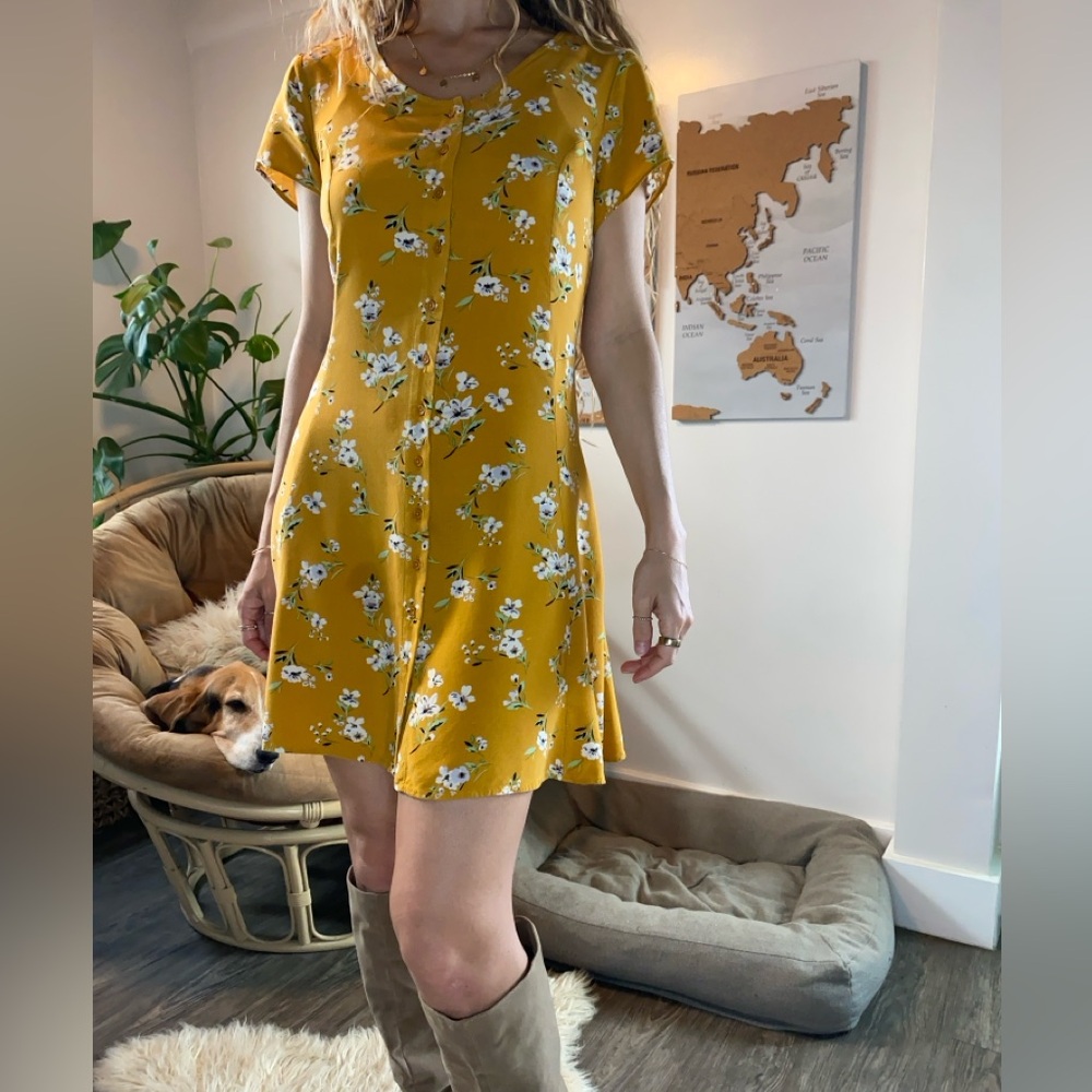 Mustard Yellow Floral Button Front Dress – Adjustable Tie Back